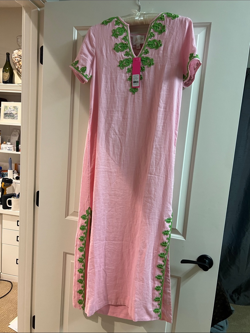 Lilly Pulitzer Pink Maxi Linen Caftan Ariella Green Embroidery - Picture 17 of 17